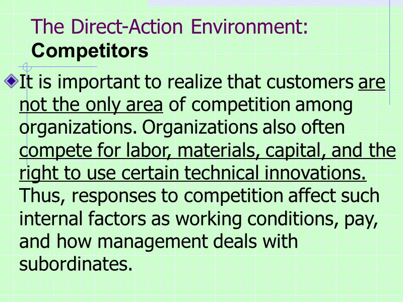 The Direct-Action Environment: Competitors  It is important to realize that customers are not